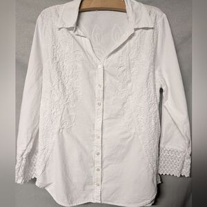 Elegant White Embroidered Women's Button Up Top